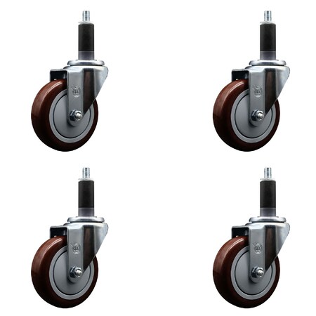 Service Caster 4'' SS Maroon Poly Wheel Swivel 1-1/8'' Expanding Stem Caster Set, 4PK SCC-SSEX20S414-PPUB-MRN-118-4